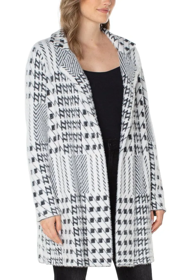 Liverpool Los Angeles OPEN FRONT COATIGAN SWEATER Black White Mixed Plaid Women COATIGANS