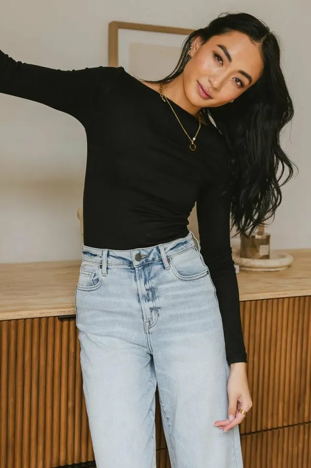 Luna Ruched Top In Black Black Women Bohme Tees and Tanks