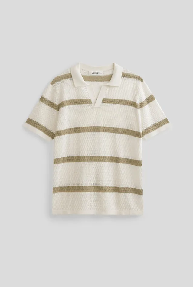 Man Venroy Polos Knitted Stripe Open Neck Polo