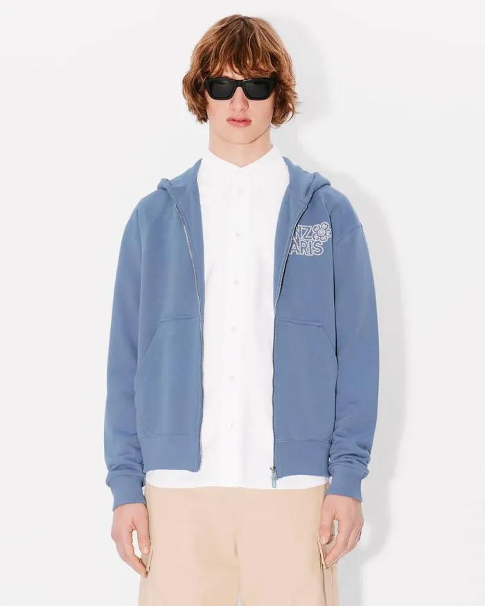 Men 039KENZO Constellation039 Embroidered Zipped Hoodie In Cotton Blue Kenzo Sweatshirts And Hoodies