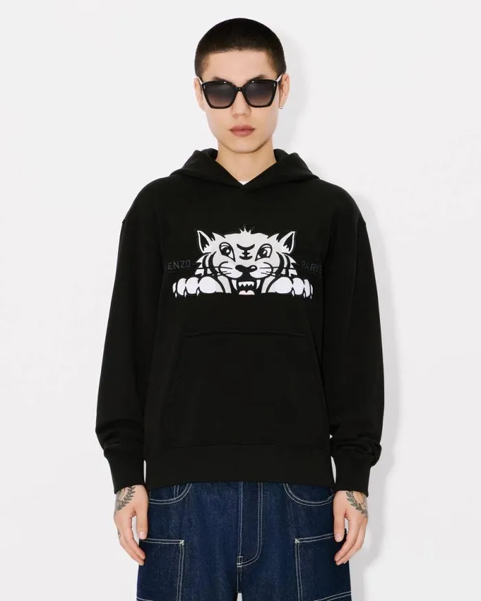 Men 039KENZO Happy Tiger039 Embroidered Hoodie In Cotton Black Kenzo Sweatshirts And Hoodies