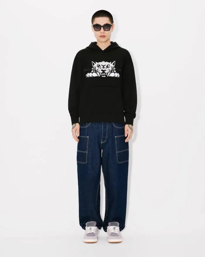 Men 039KENZO Happy Tiger039 Embroidered Hoodie In Cotton Black Kenzo Sweatshirts And Hoodies