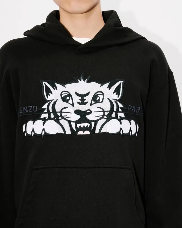 Men 039KENZO Happy Tiger039 Embroidered Hoodie In Cotton Black Kenzo Sweatshirts And Hoodies