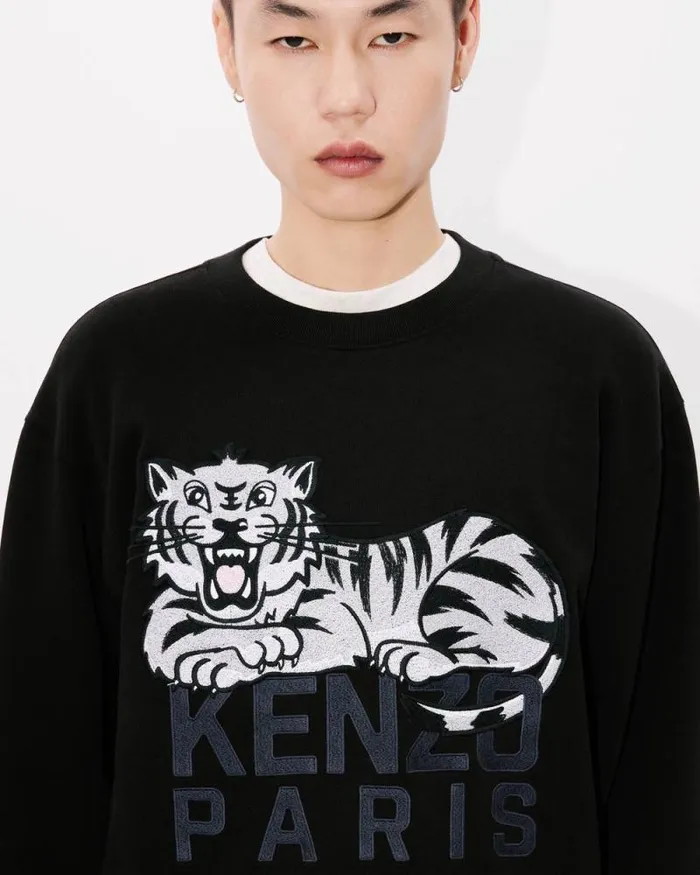 Men 039KENZO Happy Tiger039 Embroidered Sweatshirt In Cotton Black Kenzo Sweatshirts And Hoodies