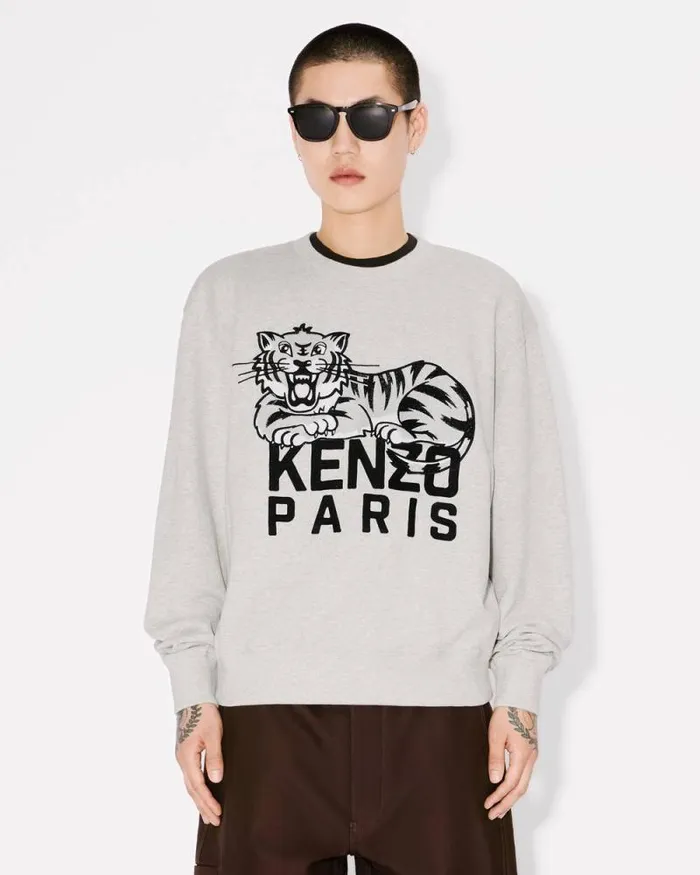 Men 039KENZO Happy Tiger039 Embroidered Sweatshirt In Cotton Pale Grey Kenzo Sweatshirts And Hoodies