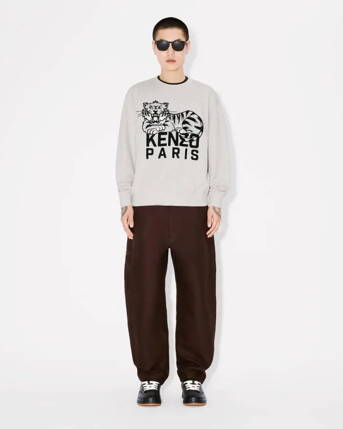 Men 039KENZO Happy Tiger039 Embroidered Sweatshirt In Cotton Pale Grey Kenzo Sweatshirts And Hoodies