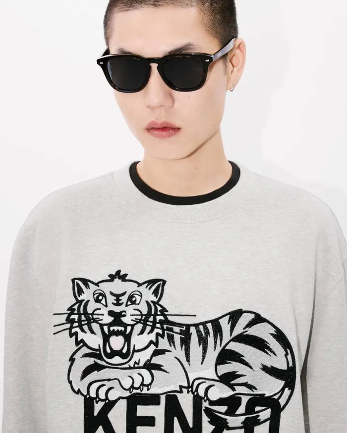 Men 039KENZO Happy Tiger039 Embroidered Sweatshirt In Cotton Pale Grey Kenzo Sweatshirts And Hoodies