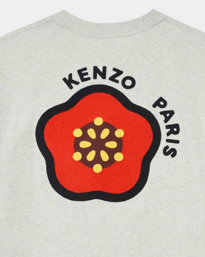 Men 039KENZO Pop039 Embroidered Oversized Tshirt In Cotton Pale Grey Kenzo Tshirts And Polos