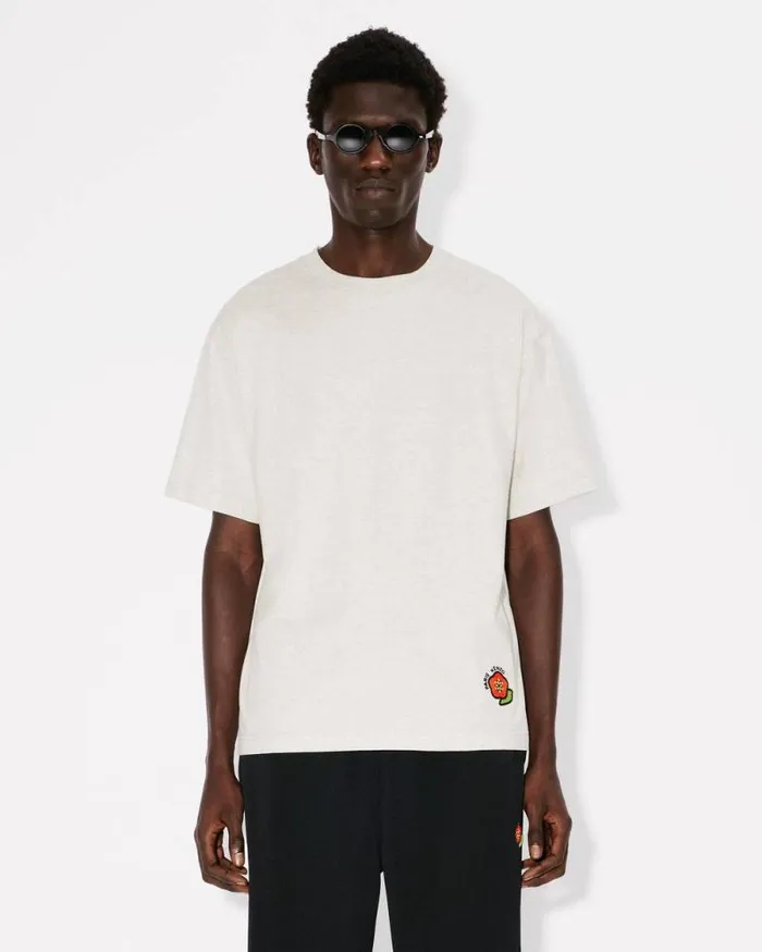 Men 039KENZO Pop039 Embroidered Oversized Tshirt In Cotton Pale Grey Kenzo Tshirts And Polos