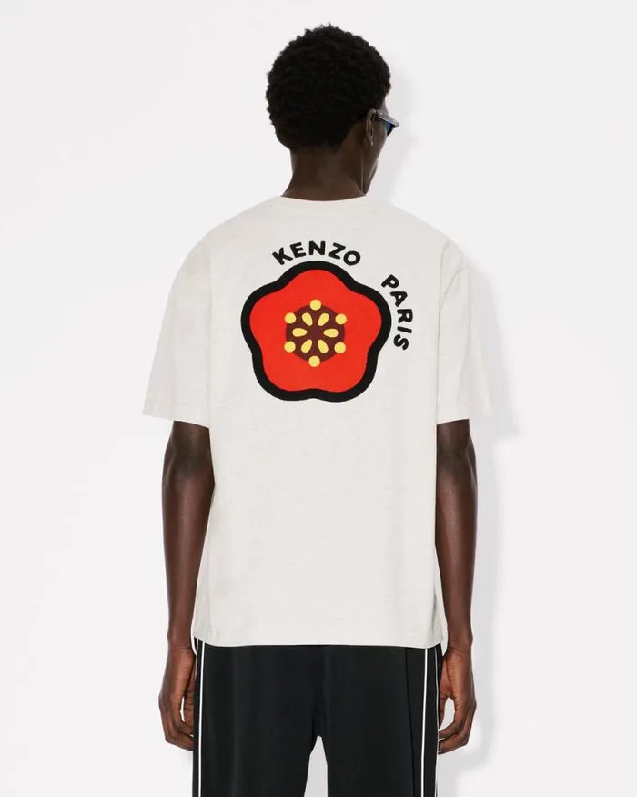 Men 039KENZO Pop039 Embroidered Oversized Tshirt In Cotton Pale Grey Kenzo Tshirts And Polos