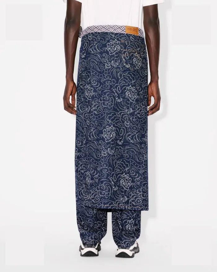 Men 039KENZO Star Tiger039 Apron In Japanese Denim Rinse Blue Denim Kenzo Pants And Shorts