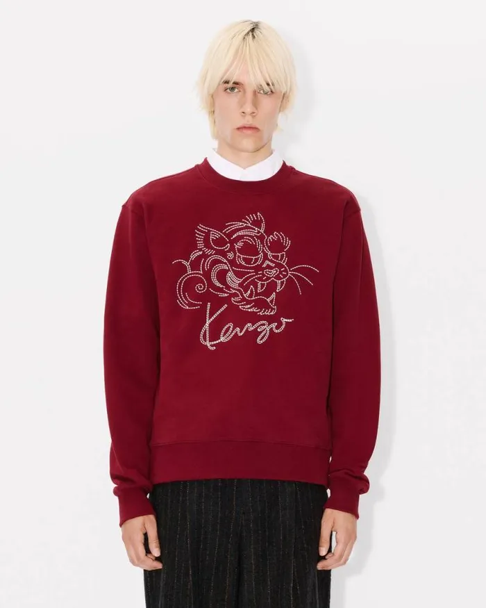 Men 039KENZO Star Tiger039 Embroidered Sweatshirt In Cotton Bordeaux Kenzo Sweatshirts And Hoodies