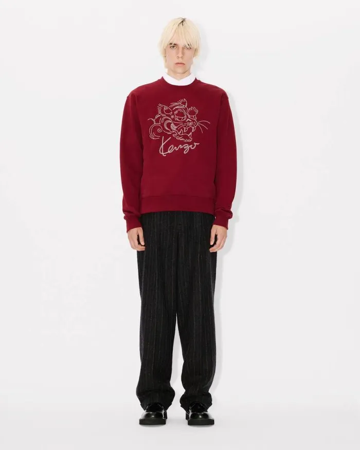 Men 039KENZO Star Tiger039 Embroidered Sweatshirt In Cotton Bordeaux Kenzo Sweatshirts And Hoodies