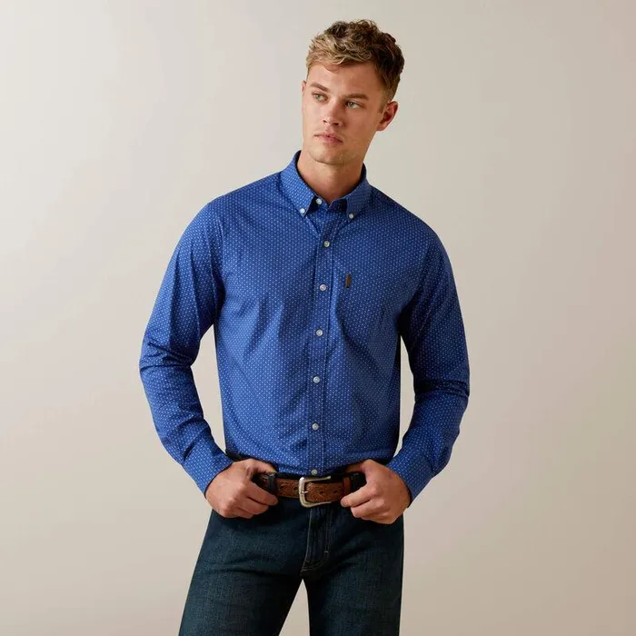 Men Button Down Shirts Ariat Ditsy Stretch Modern Fit Shirt Blue