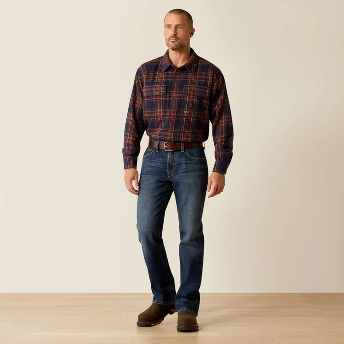 Men Button Down Shirts Ariat Rebar Heavy Flannel Work Shirt Navy and Malbec