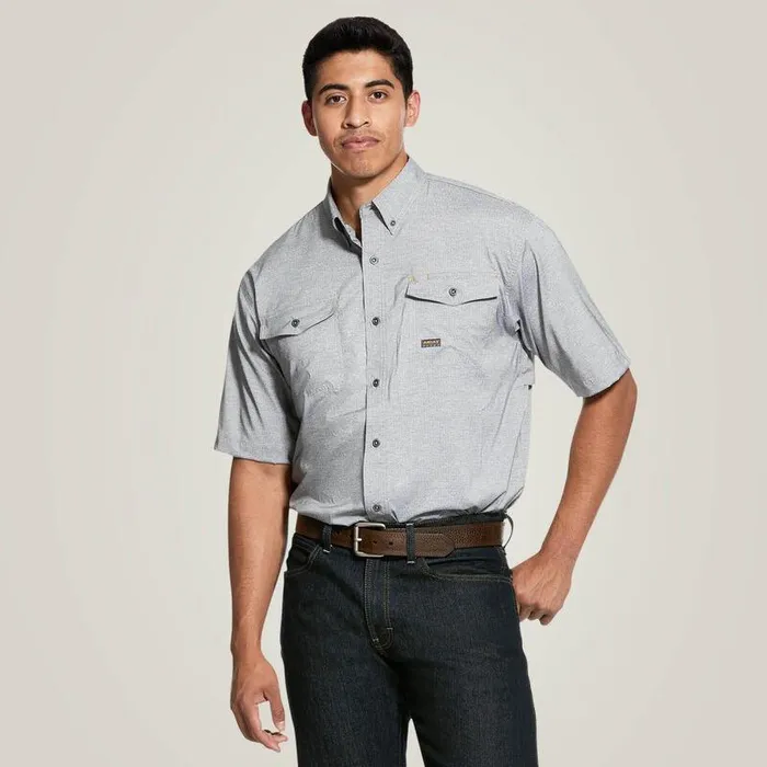 Men Button Down Shirts Ariat Rebar Made Tough VentTEK DuraStretch Work Shirt Charcoal Heather