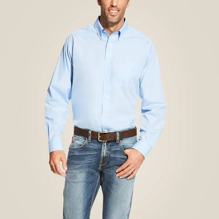 Men Button Down Shirts Ariat Wrinkle Free Solid Classic Fit Shirt Light Blue
