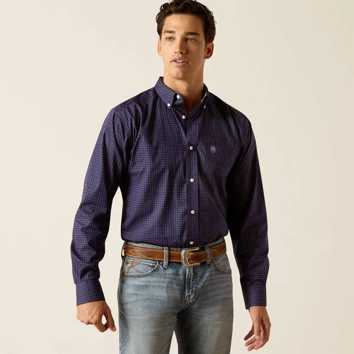 Men Button Down Shirts Ariat Wrinkle Free Wells Fitted Shirt Peacoat