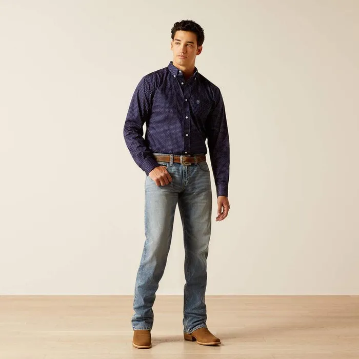 Men Button Down Shirts Ariat Wrinkle Free Wells Fitted Shirt Peacoat