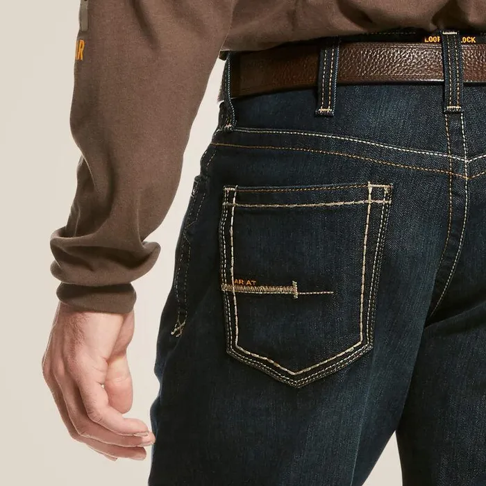 Men Denim Ariat Rebar M4 Relaxed DuraStretch Edge Stackable Straight Leg Jean Cobalt