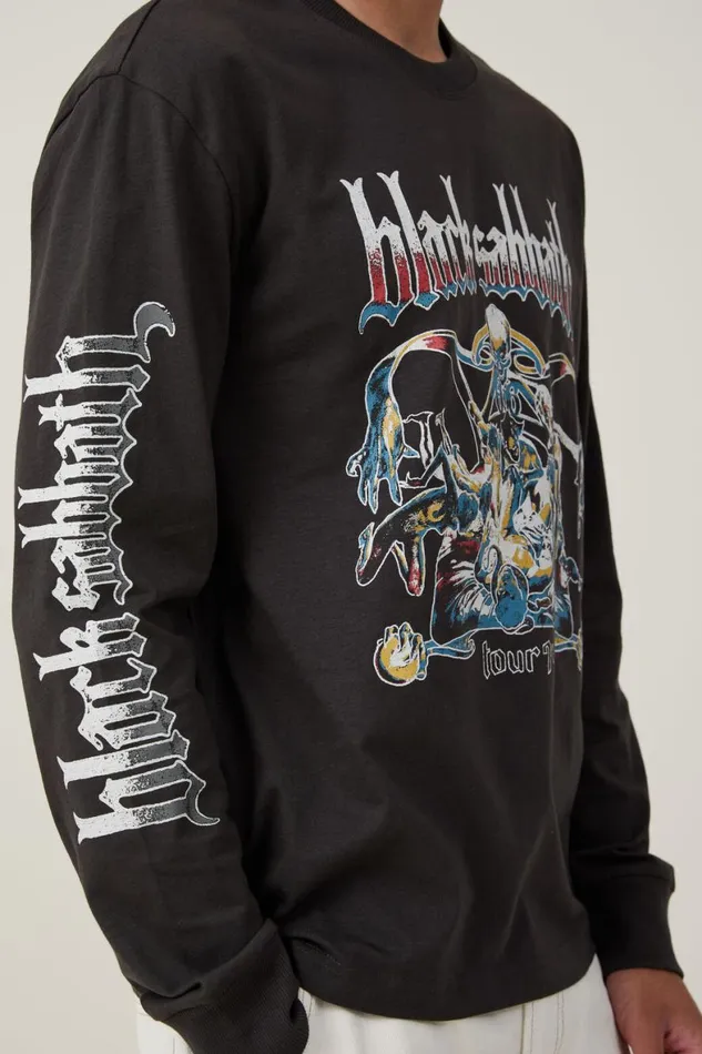 Men Graphic TShirts Cotton On Music Long Sleeve TShirt Lcn Bra Washed Black Black Sabbath74
