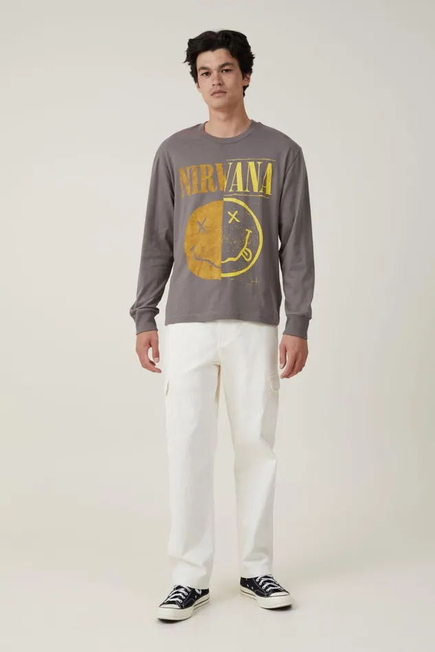 Men Graphic TShirts Cotton On Music Long Sleeve TShirt Lcn Mt Slate Stone Nirvanasmiley Half