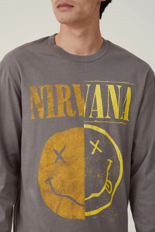 Men Graphic TShirts Cotton On Music Long Sleeve TShirt Lcn Mt Slate Stone Nirvanasmiley Half