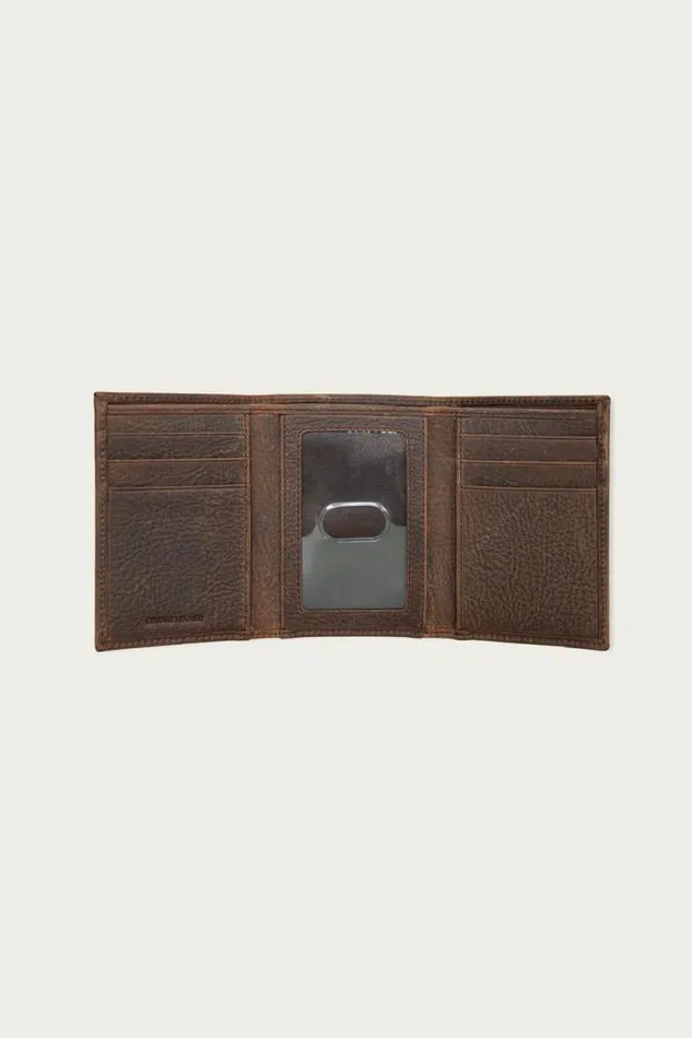 Men Lucky Brand Bags and Wallets Double Stitched Leather Trifold Wallet Dark Brown
