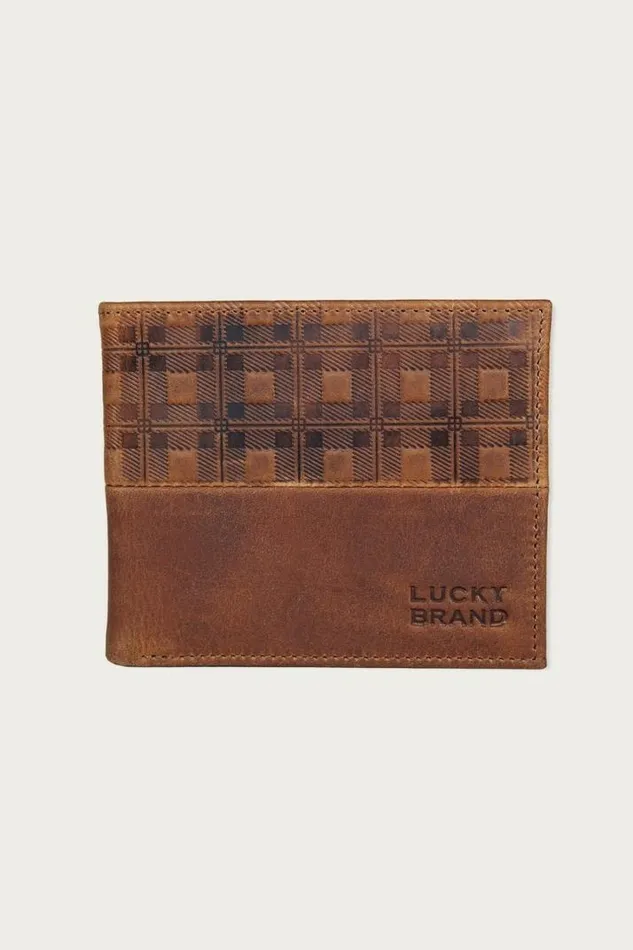 Men Lucky Brand Bags and Wallets Plaid Embossed Leather Bifold Wallet Dark Brown
