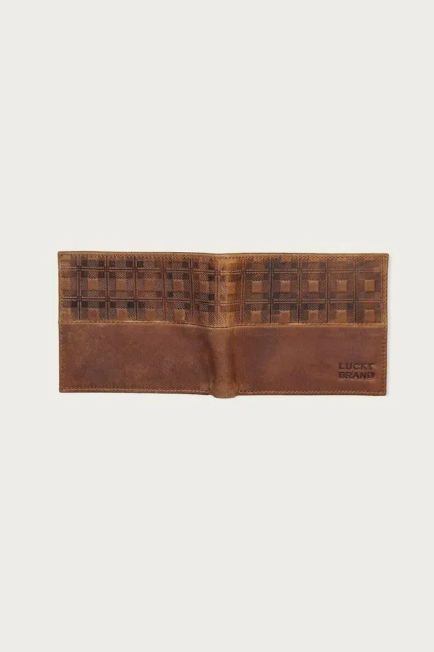 Men Lucky Brand Bags and Wallets Plaid Embossed Leather Bifold Wallet Dark Brown