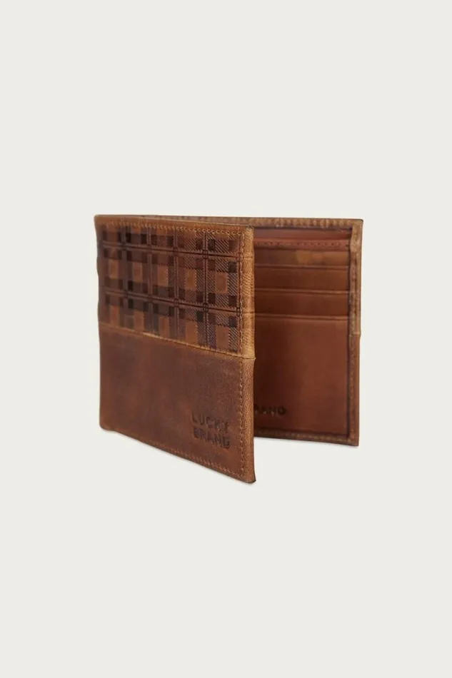 Men Lucky Brand Bags and Wallets Plaid Embossed Leather Bifold Wallet Dark Brown