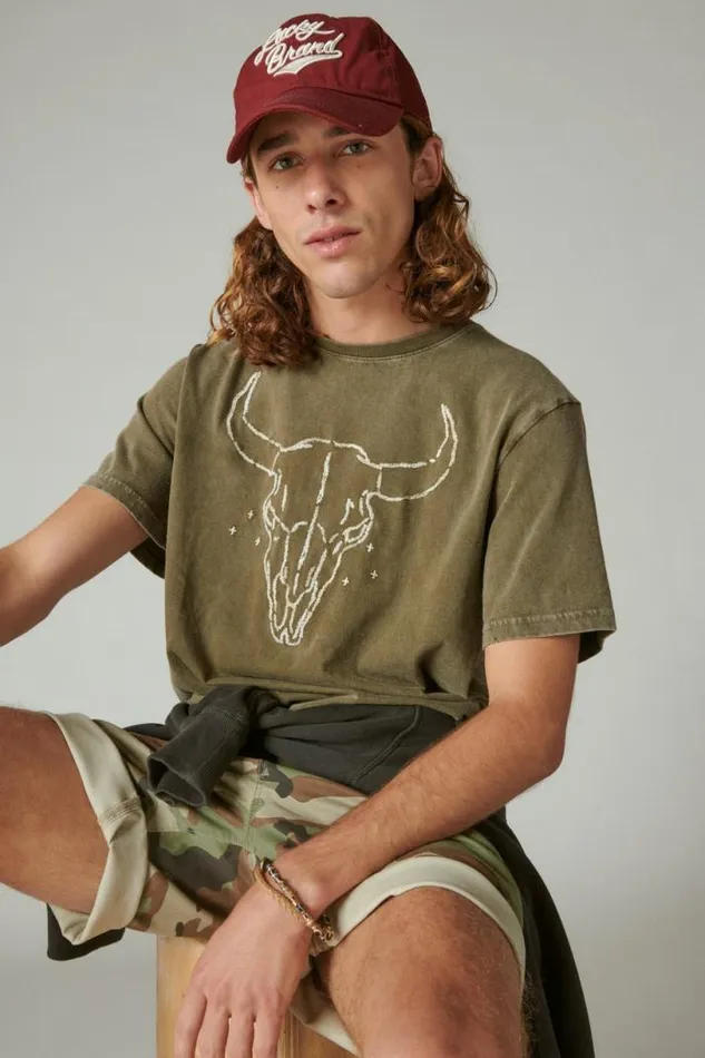 Men Lucky Brand Graphic Tees Steer Skull Tee Beech