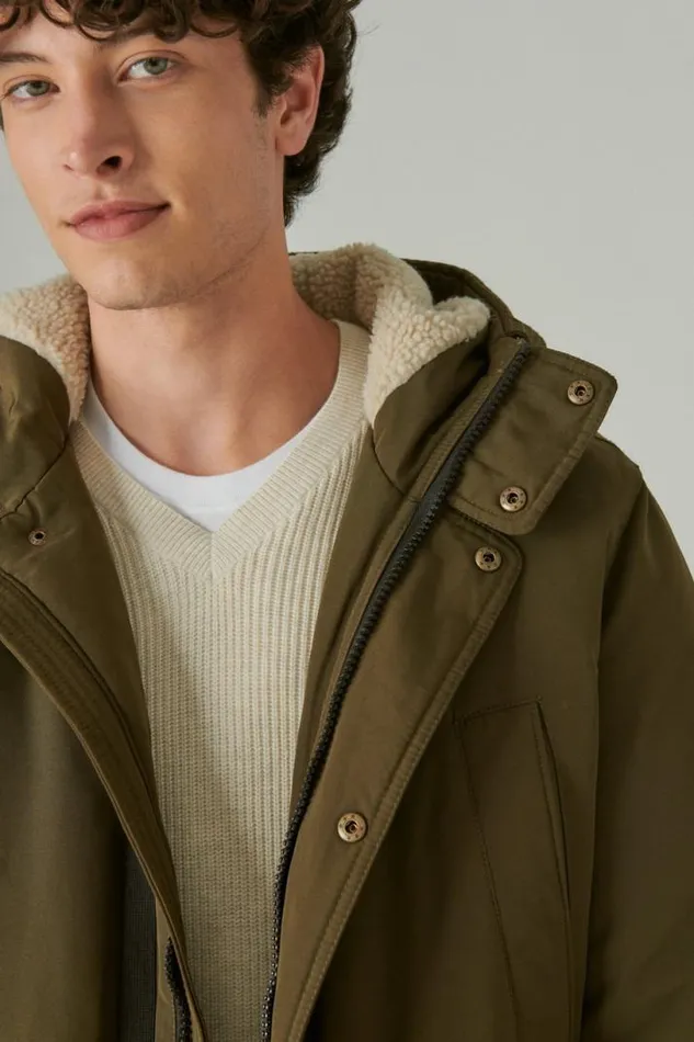 Men Lucky Brand Jackets and Outerwear Faux Shearling Lined Hooded Parka Olive