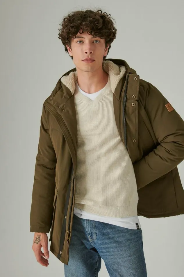 Men Lucky Brand Jackets and Outerwear Faux Shearling Lined Hooded Parka Olive