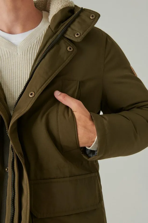 Men Lucky Brand Jackets and Outerwear Faux Shearling Lined Hooded Parka Olive
