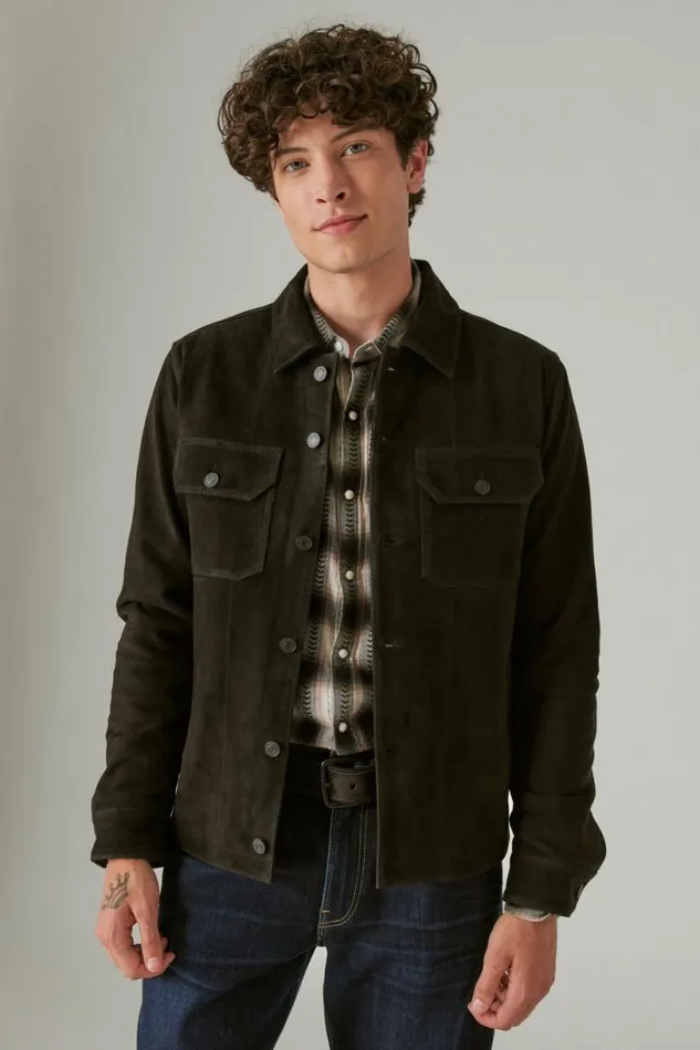 Men Lucky Brand Jackets and Outerwear Suede Military Shirt Jacket 001 Black