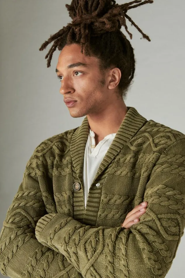 Men Lucky Brand Sweaters Cable Knit Cardigan Drk Olive Acid Wash