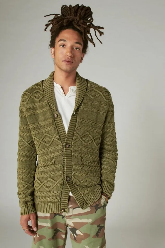 Men Lucky Brand Sweaters Cable Knit Cardigan Drk Olive Acid Wash