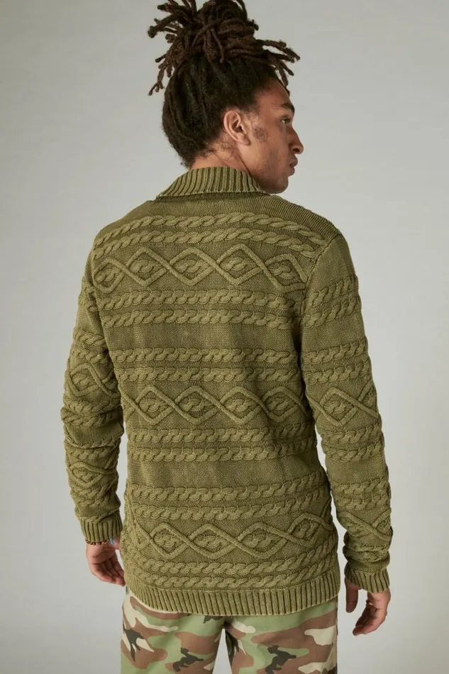 Men Lucky Brand Sweaters Cable Knit Cardigan Drk Olive Acid Wash