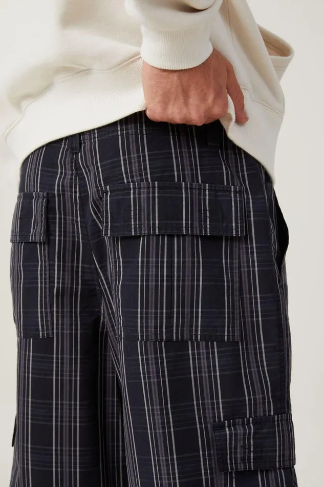 Men Pants Cotton On Parachute Zip Off Pant Black Check
