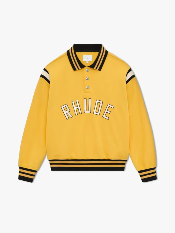 Men Rhude Shirts LS WARM UP POLO Yellow Black Cream