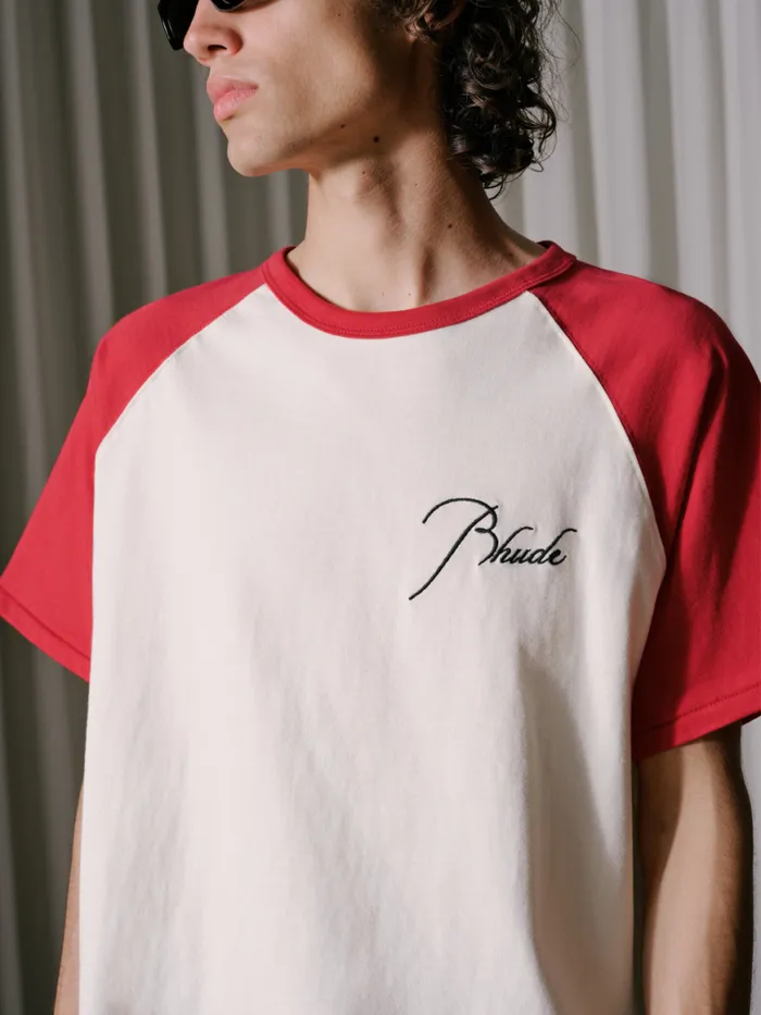 Men Rhude Tees RAGLAN LOGO TEE Vtg Red Vtg White
