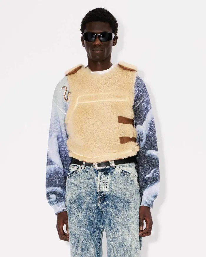 Men Shearling Gilet In Lambskin Leather Dark Camel Kenzo Jackets And Coats