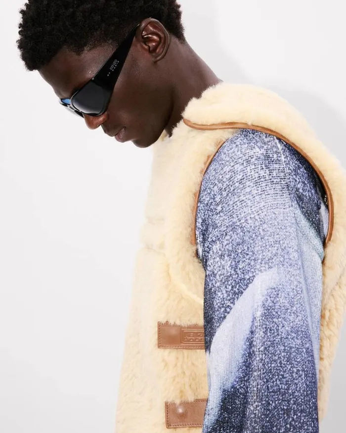 Men Shearling Gilet In Lambskin Leather Dark Camel Kenzo Jackets And Coats
