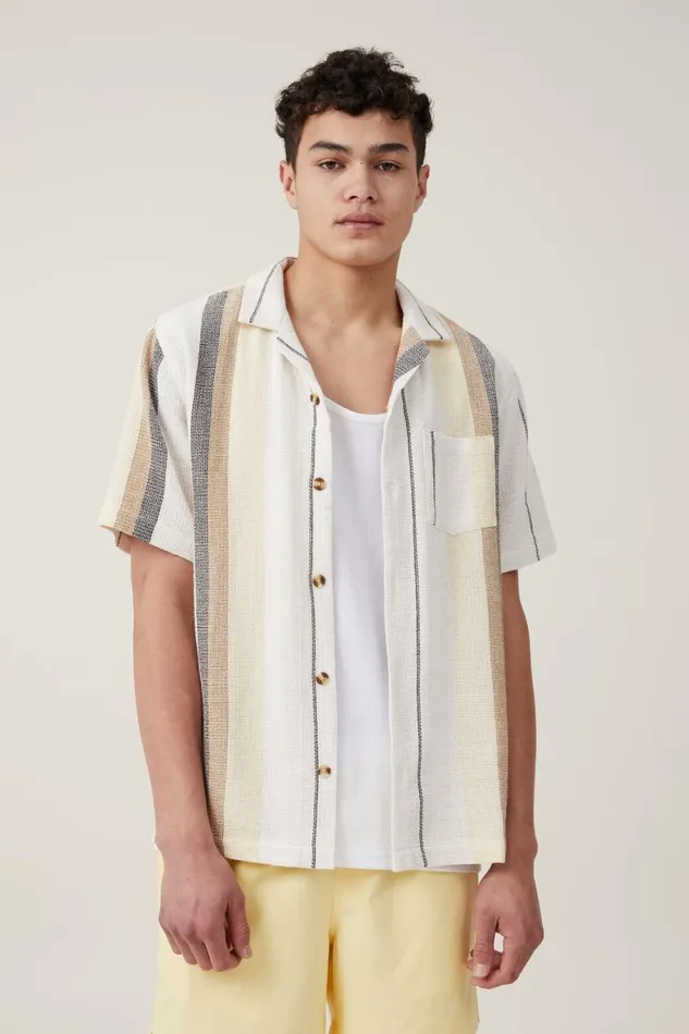 Men Shirts and Polos Cotton On Palma Short Sleeve Shirt Earth Stripe