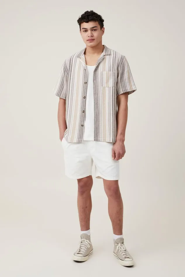 Men Shirts and Polos Cotton On Palma Short Sleeve Shirt Tan Busy Stripe