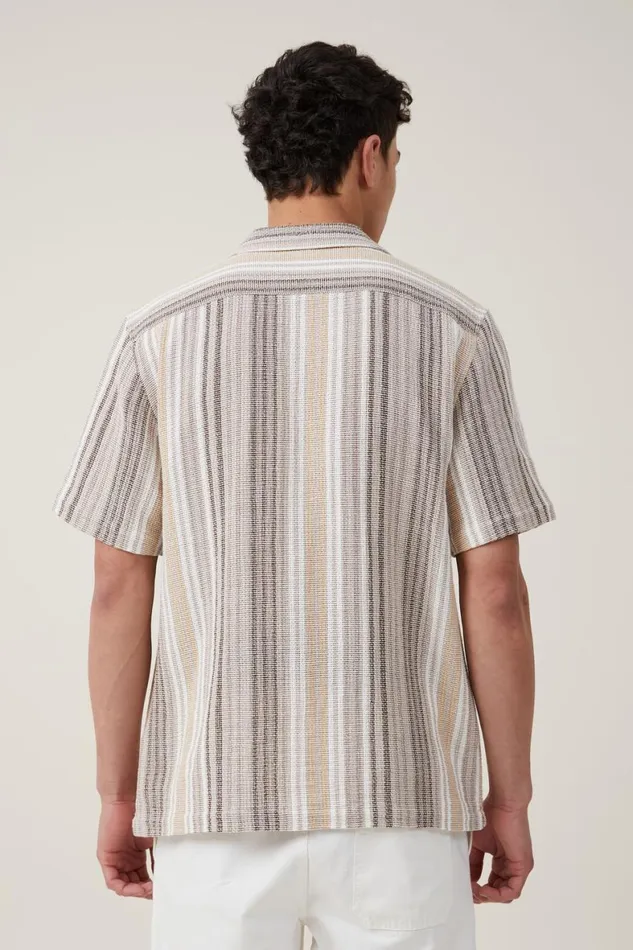 Men Shirts and Polos Cotton On Palma Short Sleeve Shirt Tan Busy Stripe