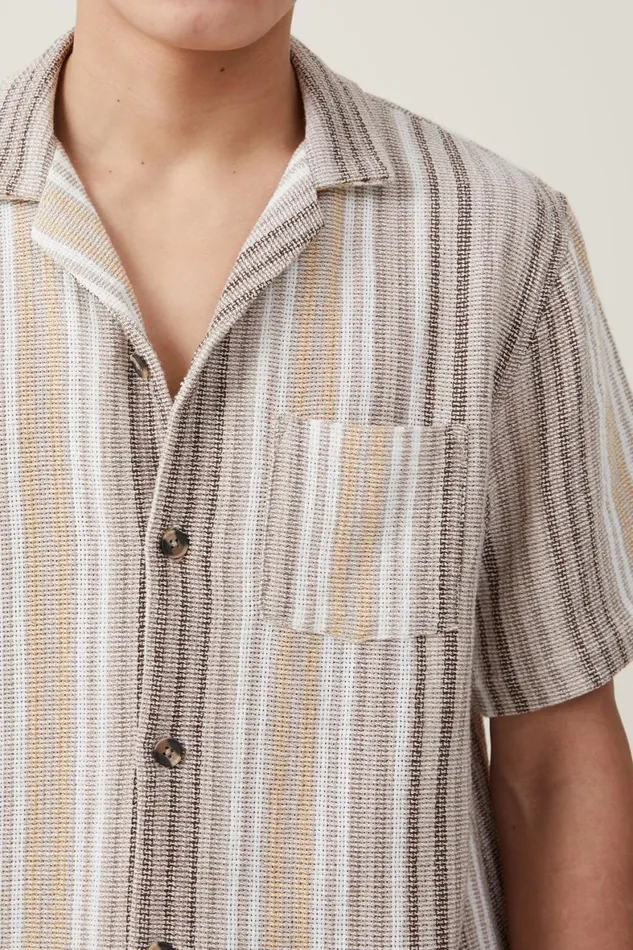 Men Shirts and Polos Cotton On Palma Short Sleeve Shirt Tan Busy Stripe