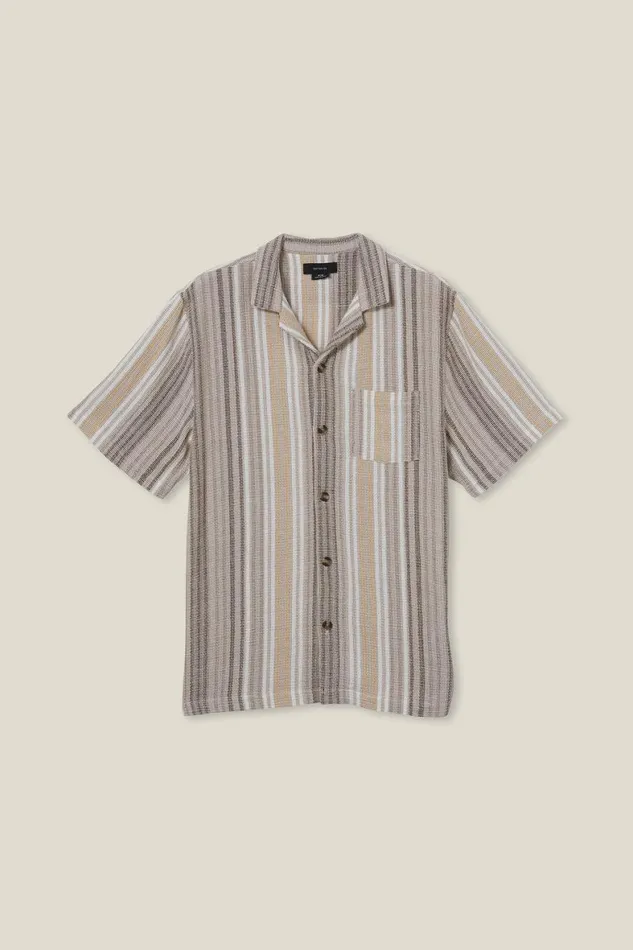 Men Shirts and Polos Cotton On Palma Short Sleeve Shirt Tan Busy Stripe