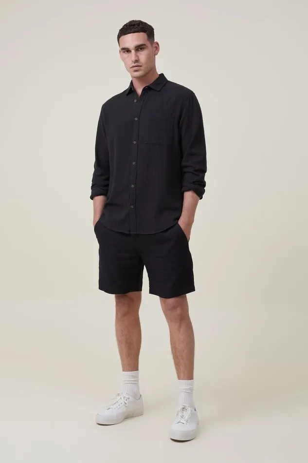 Men Shirts and Polos Cotton On Portland Long Sleeve Shirt Washed Black Cheesecloth